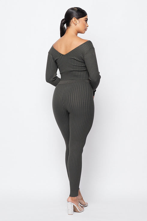 2 Piece Rib Knit Legging Set With V Neck Crop Top - Olive - SohoGirl.com